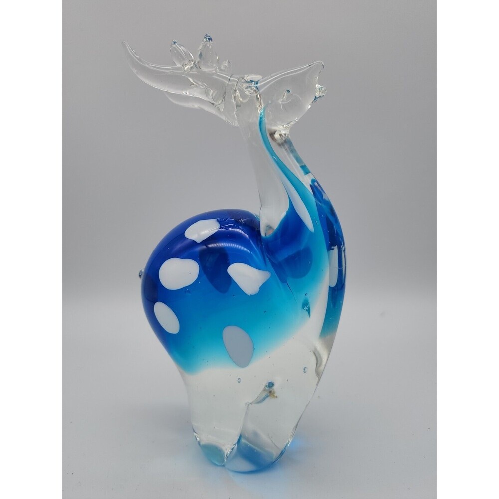 Art Glass Reindeer or Elk Paperweight Decor Blue & White Handblown Unique 7.75"
